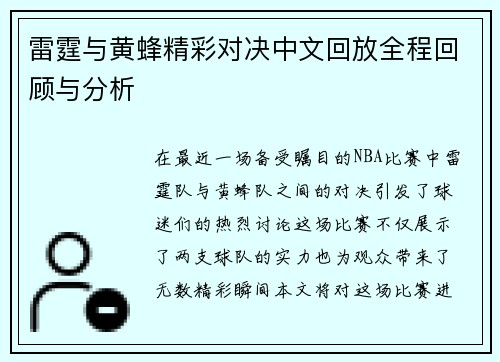 雷霆与黄蜂精彩对决中文回放全程回顾与分析