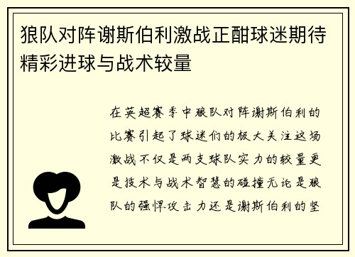 狼队对阵谢斯伯利激战正酣球迷期待精彩进球与战术较量