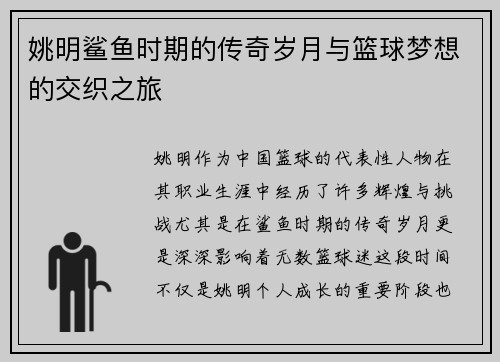 姚明鲨鱼时期的传奇岁月与篮球梦想的交织之旅