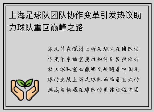 上海足球队团队协作变革引发热议助力球队重回巅峰之路