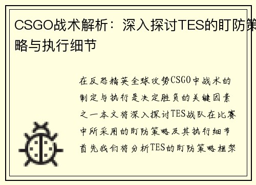 CSGO战术解析：深入探讨TES的盯防策略与执行细节