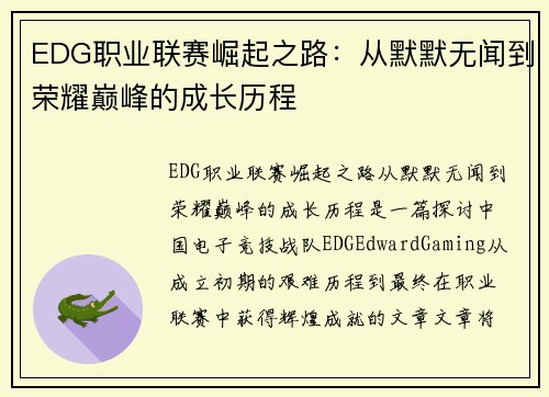 EDG职业联赛崛起之路：从默默无闻到荣耀巅峰的成长历程