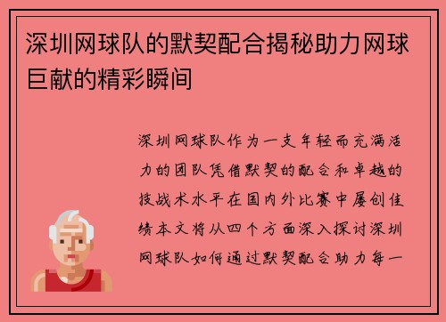 深圳网球队的默契配合揭秘助力网球巨献的精彩瞬间