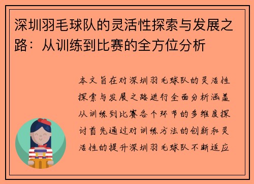深圳羽毛球队的灵活性探索与发展之路：从训练到比赛的全方位分析