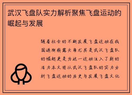 武汉飞盘队实力解析聚焦飞盘运动的崛起与发展