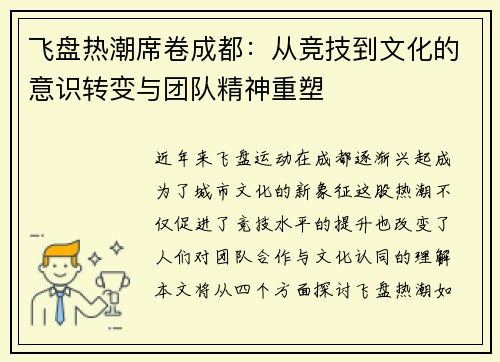 飞盘热潮席卷成都：从竞技到文化的意识转变与团队精神重塑