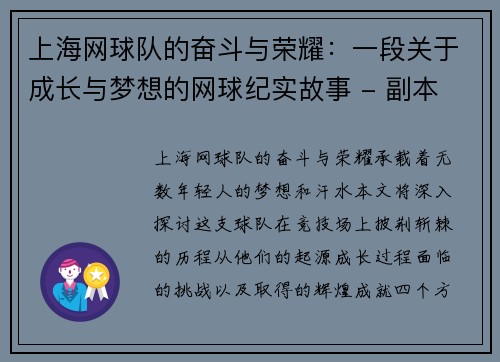 上海网球队的奋斗与荣耀：一段关于成长与梦想的网球纪实故事 - 副本