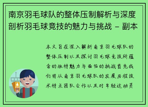 南京羽毛球队的整体压制解析与深度剖析羽毛球竞技的魅力与挑战 - 副本
