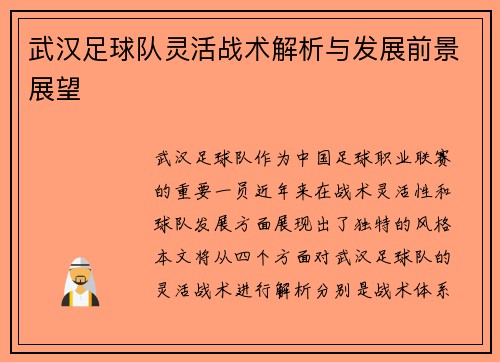 武汉足球队灵活战术解析与发展前景展望