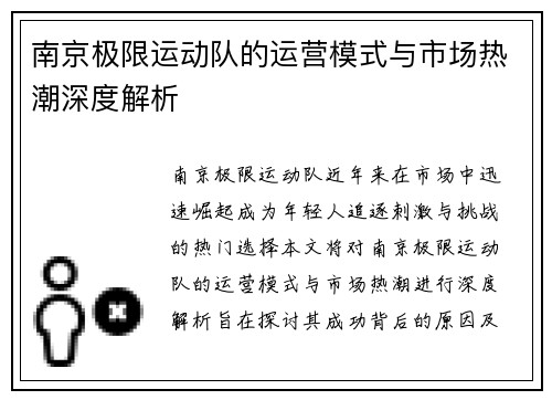 南京极限运动队的运营模式与市场热潮深度解析