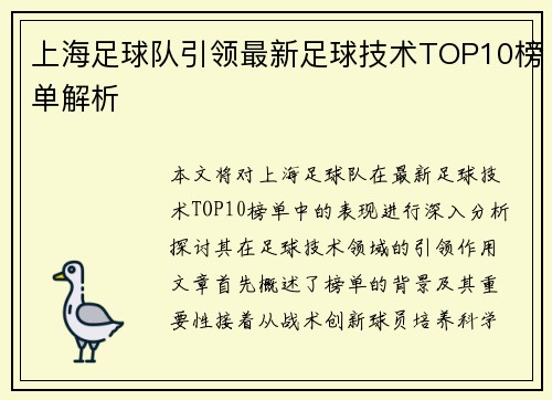 上海足球队引领最新足球技术TOP10榜单解析