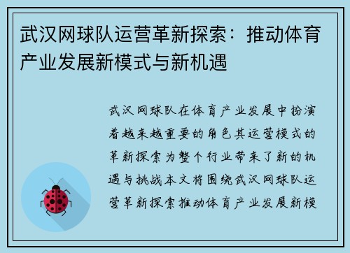 武汉网球队运营革新探索：推动体育产业发展新模式与新机遇